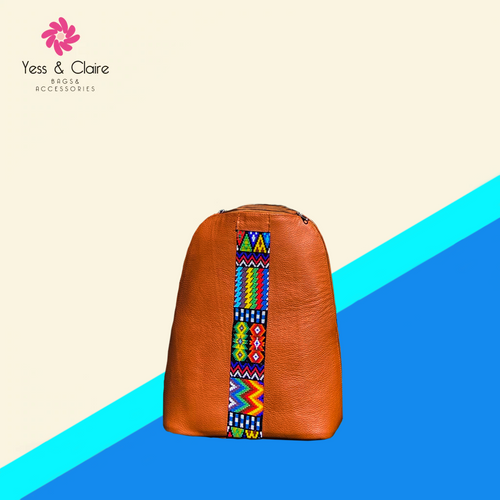Brown Leather Backpack with Art Huichol