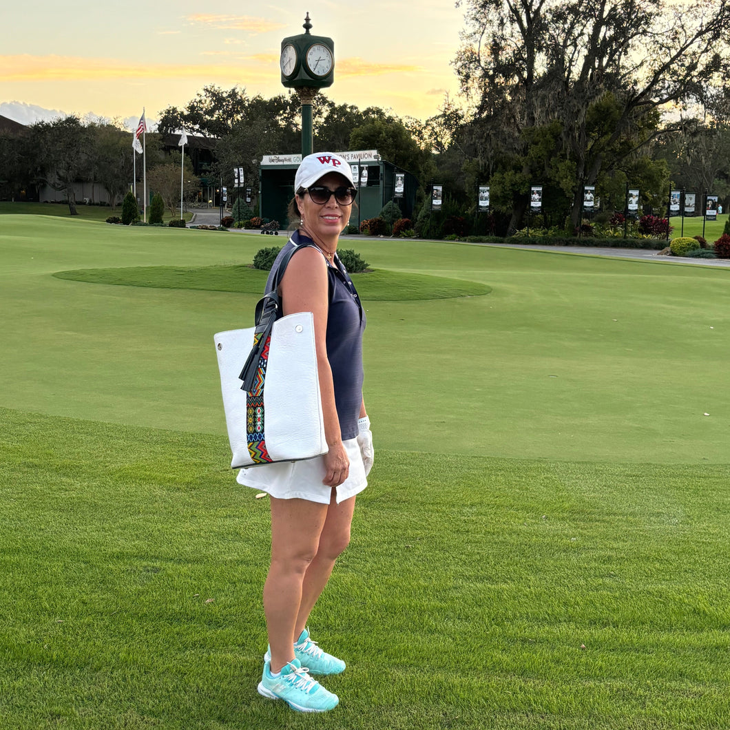 Golf Leather White & Black with Huichol Art